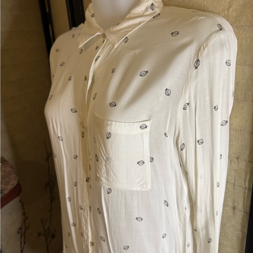 Women's Cream Button-Up Ladybug Shirt